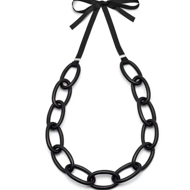 Branch Jewellery Black Wood Oval Link Necklace with Ribbon and Sterling Silver