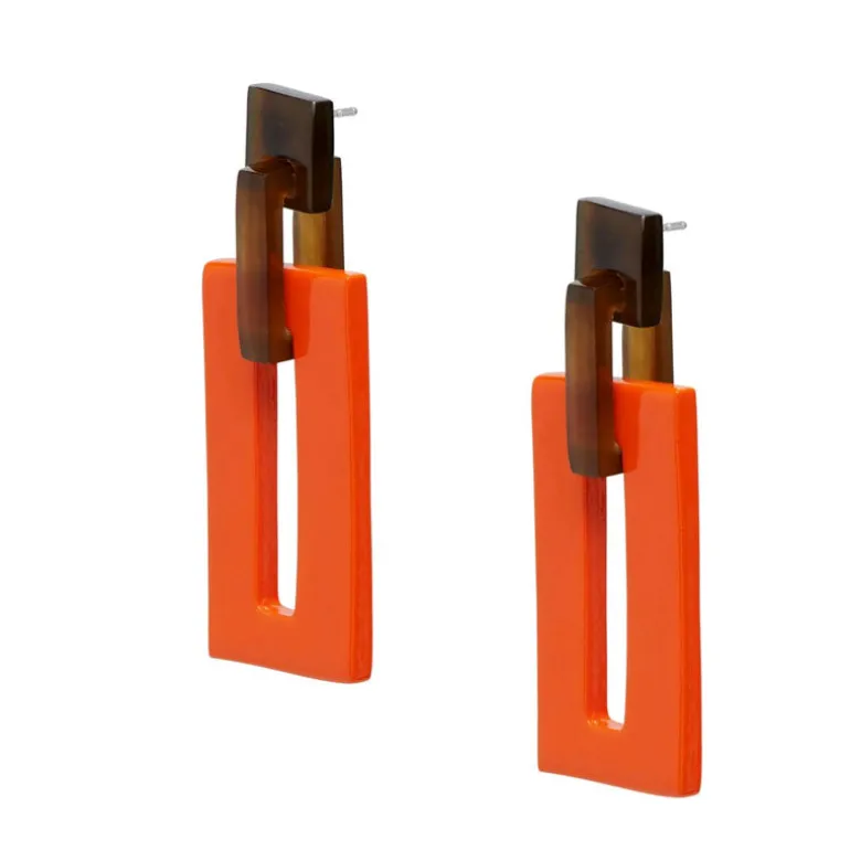 BRANCH JEWELLERY Orange and Brown Rectangle Link Horn Earrings