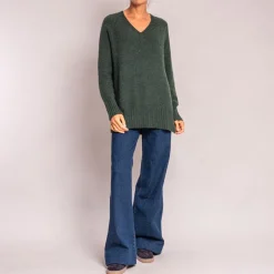 CASH CA Long V Neck Chunky Knit in Dark Green