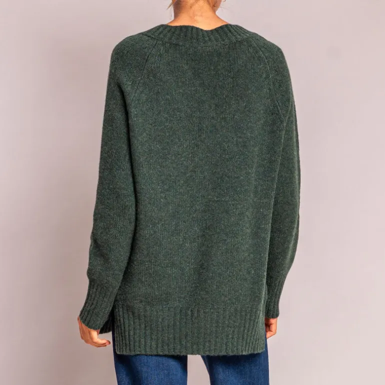 CASH CA Long V Neck Chunky Knit in Dark Green