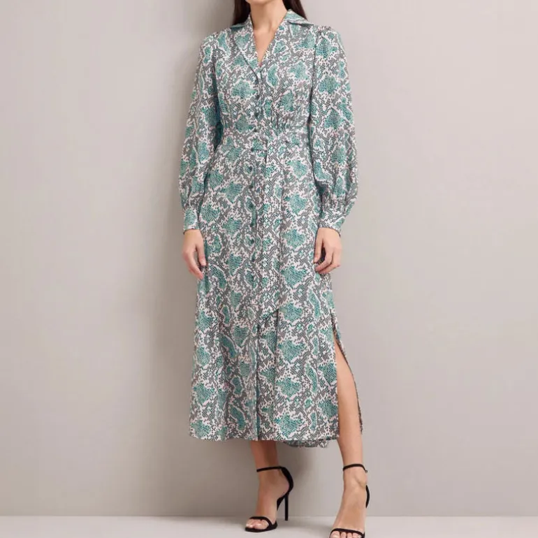 CEFINN Odette Snakeskin Print Shirt Dress in Green