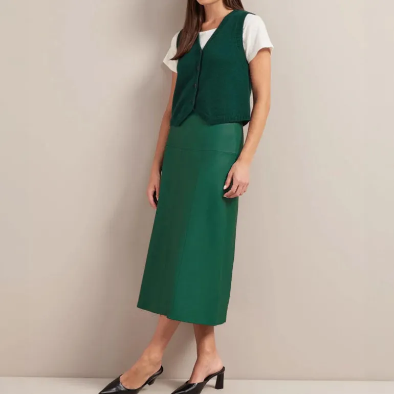 Cefinn Tiana Leather Midi Skirt in Dark Green