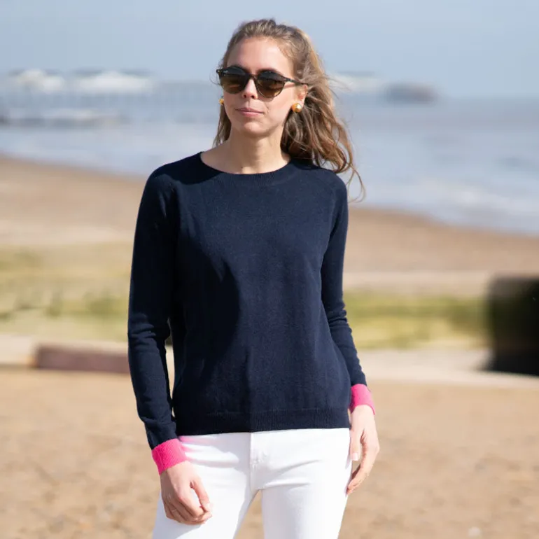 COLLEN & CLARE Polli Merino Cashmere Mix Contrast Cuff Knit in Navy/Fl