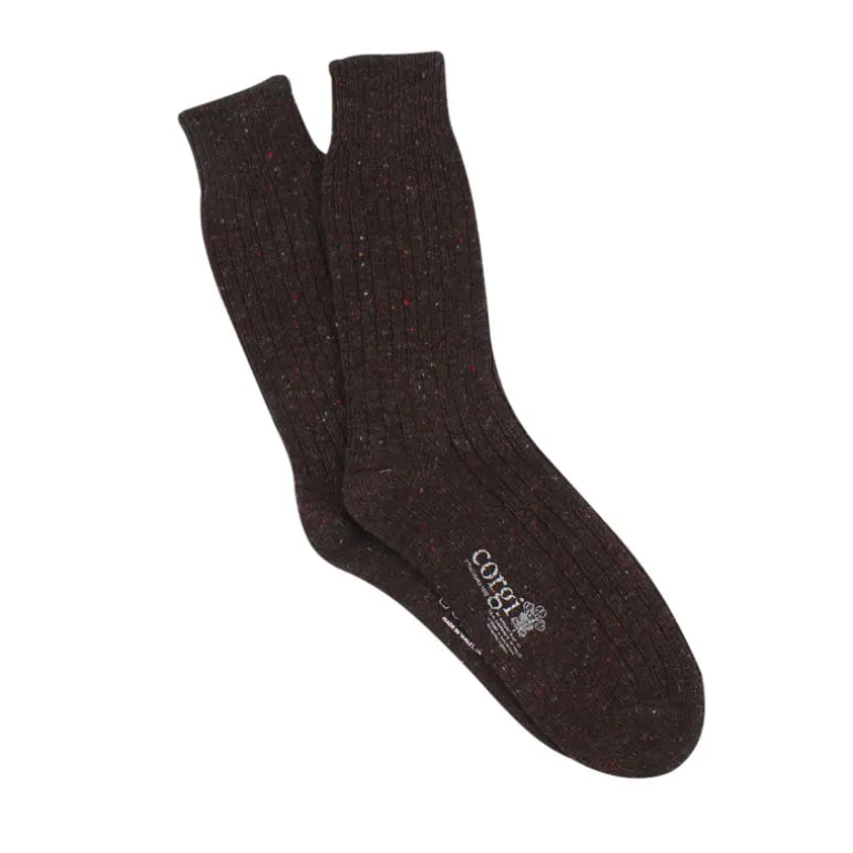 Corgi Mens Plain Rib Donegal Wool Socks in Chocolate