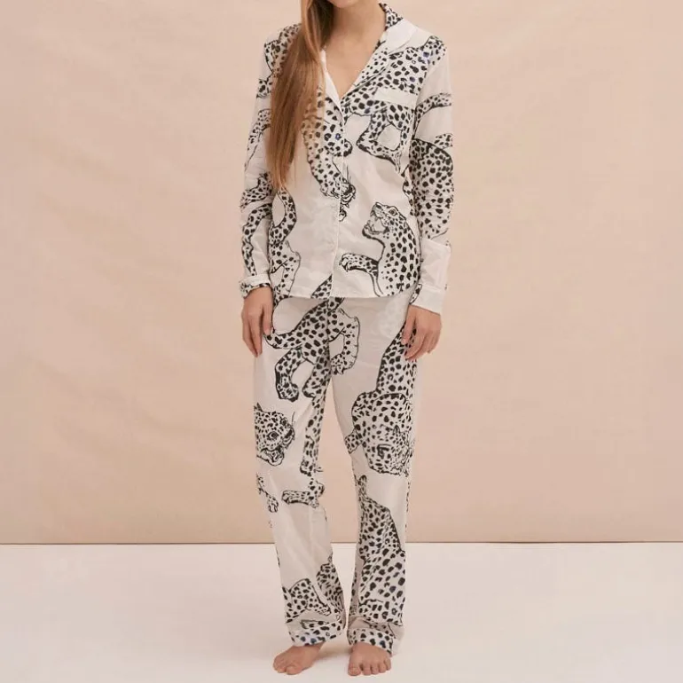 Desmond & Dempsey Jag Print Long PJ Set in Cream