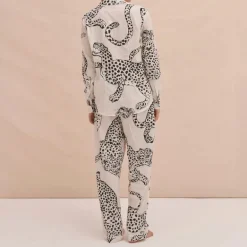 Desmond & Dempsey Jag Print Long PJ Set in Cream