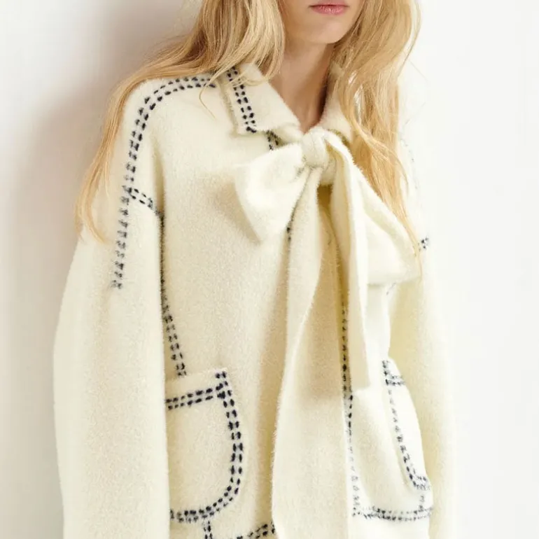 ESSENTIEL ANTWERP Hoops Cardigan with Bow in Sour Cream