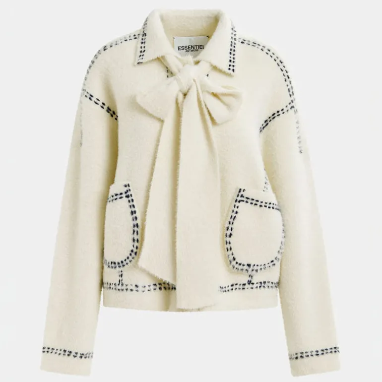 ESSENTIEL ANTWERP Hoops Cardigan with Bow in Sour Cream