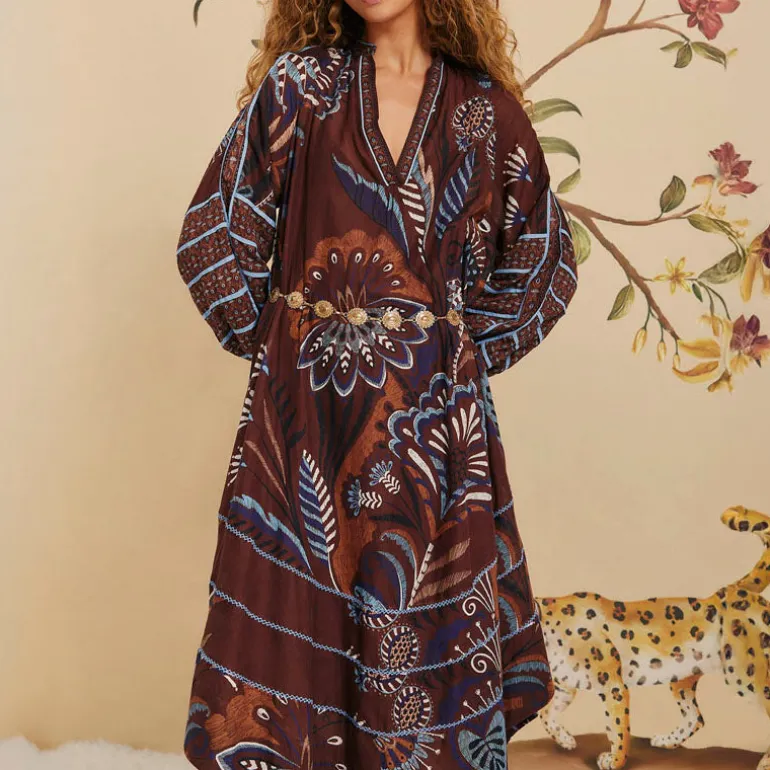 Farm Rio Delicate Garden Brown Midi Dress