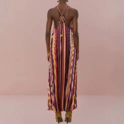 FARM RIO Diagonal Stripes Multicolour Pleated Midi Dress