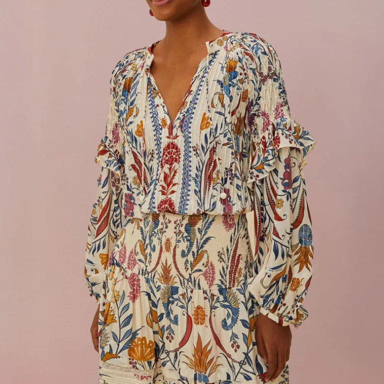 FARM RIO Romantic Lightness Cream Long Sleeve Blouse