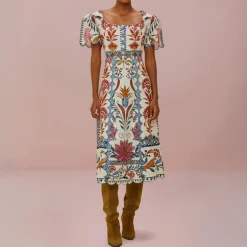 FARM RIO Romantic Lightness Cream Short Sleeve Midi Dress