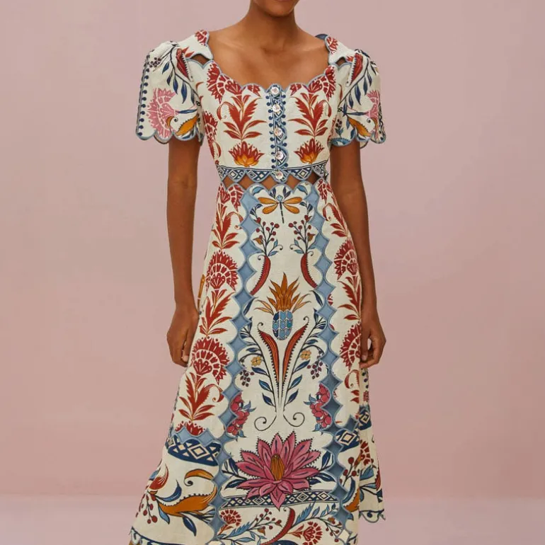 FARM RIO Romantic Lightness Cream Short Sleeve Midi Dress