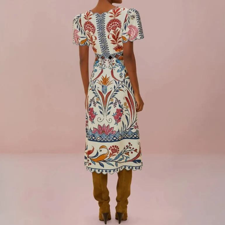 FARM RIO Romantic Lightness Cream Short Sleeve Midi Dress