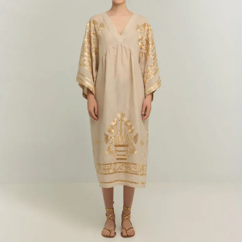 GREEK ARCHAIC KORI Crete Dress in Beige/Gold