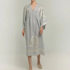GREEK ARCHAIC KORI Crete Dress in Light Grey/Gold