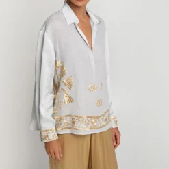 GREEK ARCHAIC KORI Crete Viscose Back Shirt in Light Grey/Gold