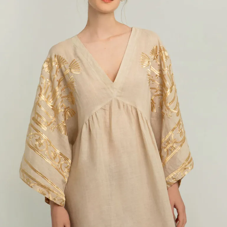 GREEK ARCHAIC KORI Crete Dress in Beige/Gold