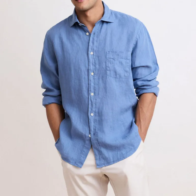 HARTFORD L/S Paul Linen Shirt in Nautic Blue