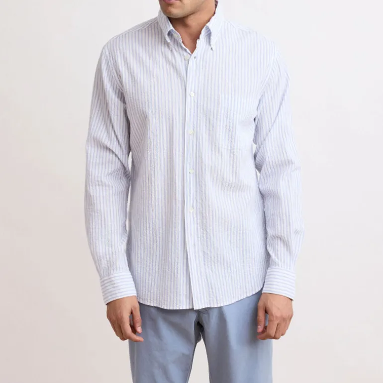HARTFORD L/S Pitt Seersucker Shirt in Blue/White