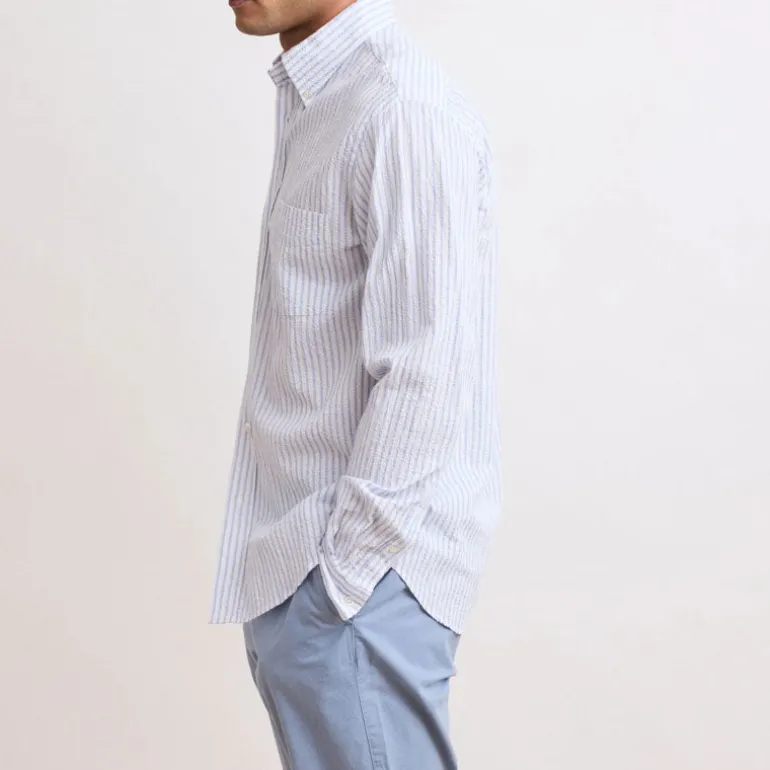 HARTFORD L/S Pitt Seersucker Shirt in Blue/White
