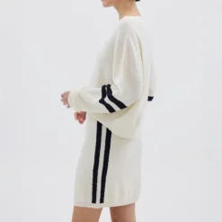 IRIS & WOOL Ruched Striped Rib Sweater in Cream