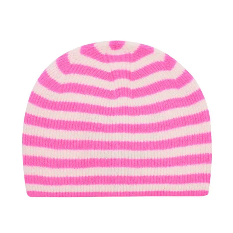 Jumper 1234 Narrow Stripe Rib Beanie in Hot Pink/Cream