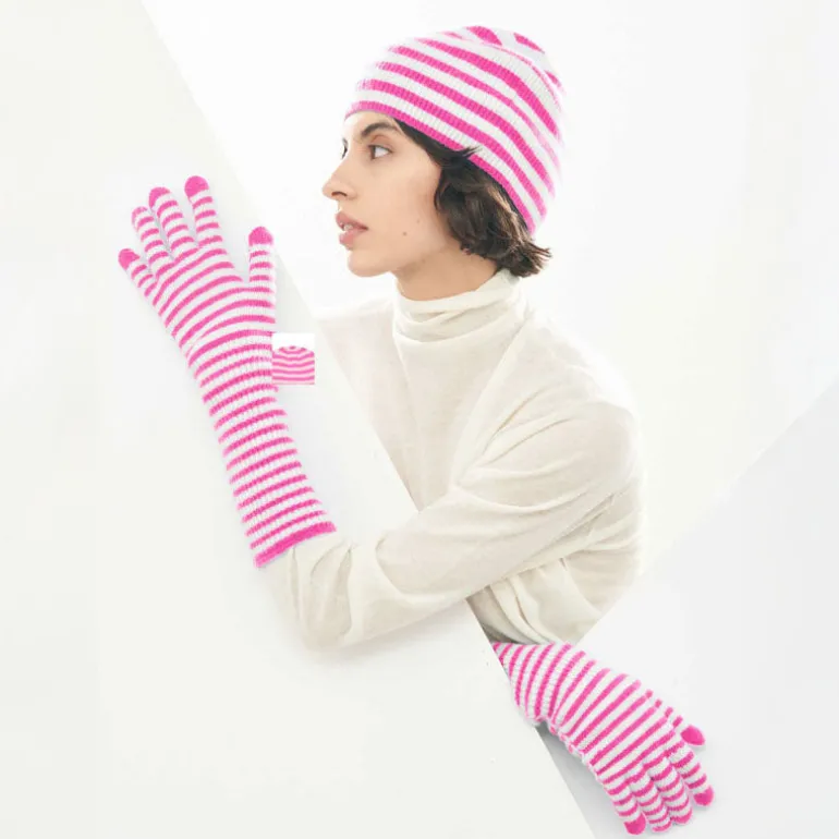 Jumper 1234 Narrow Stripe Rib Beanie in Hot Pink/Cream