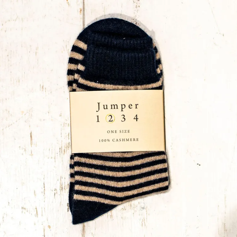 Jumper 1234 Stripe Socks in Navy/ Light Brown