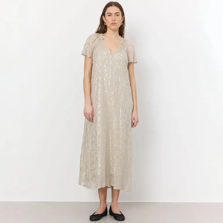 LEVETE ROOM Galaxy 1 V Neck Maxi Dress in Island Fossil Combo