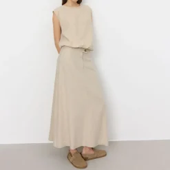 LEVETE ROOM Naja 28 Linen Mix Top in Island Fossil Melange