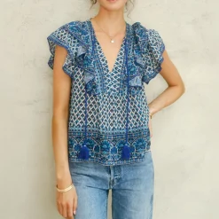 M.A.B.E Viti Print Frill Top in Blue