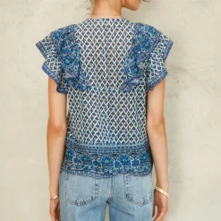 M.A.B.E Viti Print Frill Top in Blue