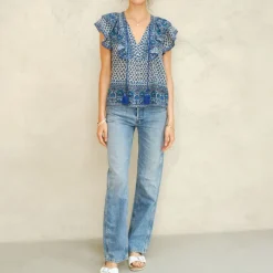 M.A.B.E Viti Print Frill Top in Blue