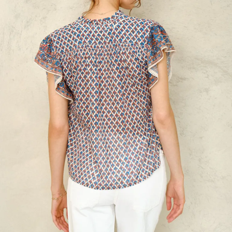 M.A.B.E Viti Print Short Sleeve Top in Orange/Turquoise