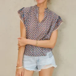 M.A.B.E Viti Print Short Sleeve Top in Orange/Turquoise