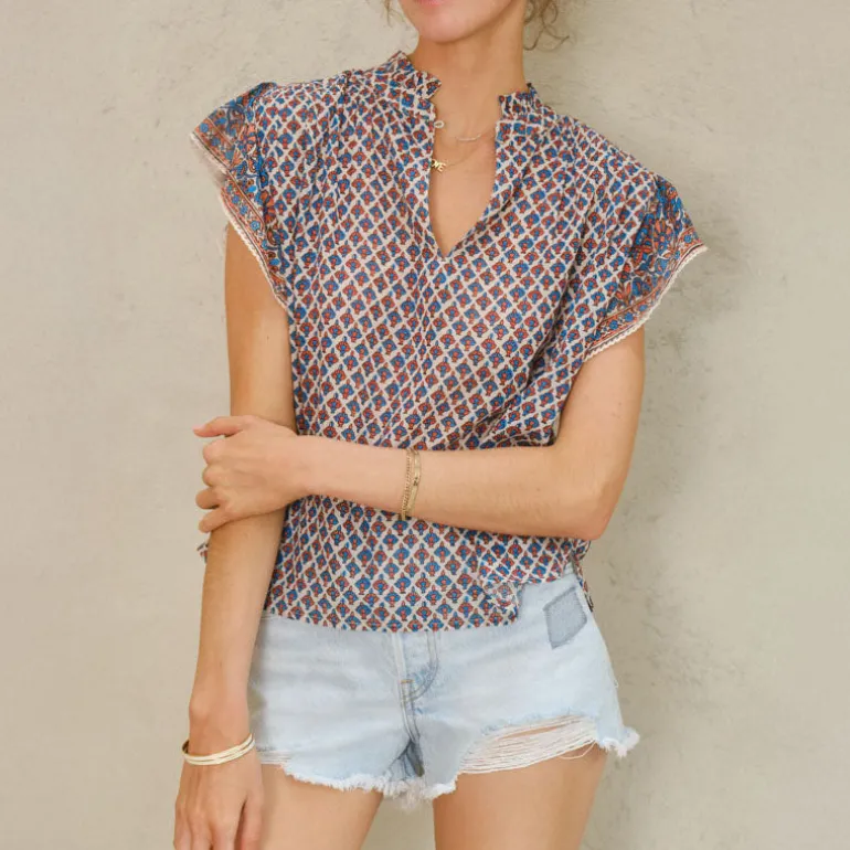 M.A.B.E Viti Print Short Sleeve Top in Orange/Turquoise