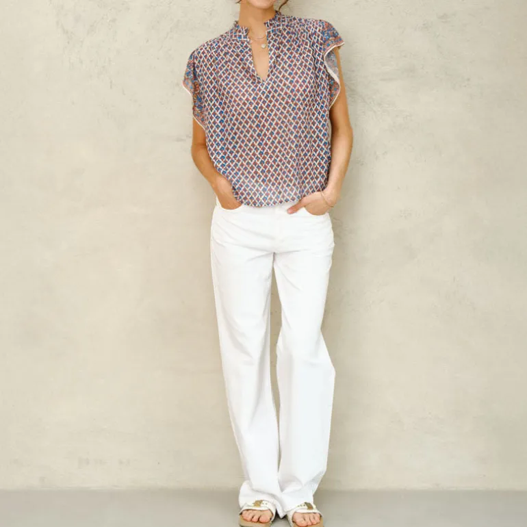 M.A.B.E Viti Print Short Sleeve Top in Orange/Turquoise
