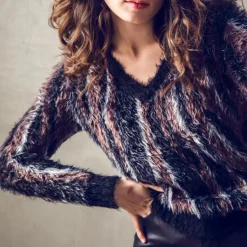 MARBLE V Neck Fuzzy Sweater in Brown/Black