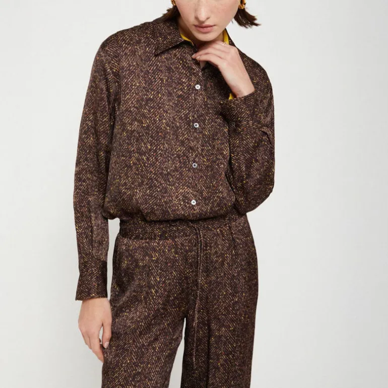 OTTOD AME Printed Herringbone Viscose Shirt in Chocolate