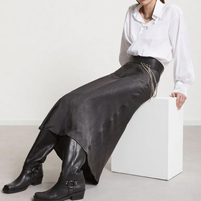 OTTOD AME Pure Viscose Long Skirt in Smoke