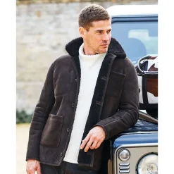 OWEN BARRY Cyrus Sheepskin Chore Jacket in Ebony/Brown