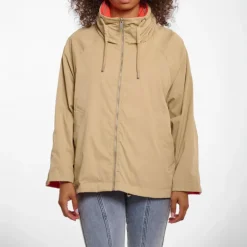 RINO & PELLE Flossy Reversible Short Parka in Pale Camel and Hot Coral