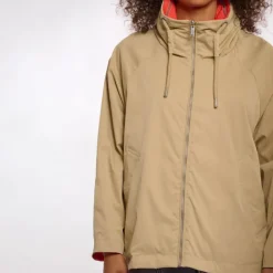 RINO & PELLE Flossy Reversible Short Parka in Pale Camel and Hot Coral