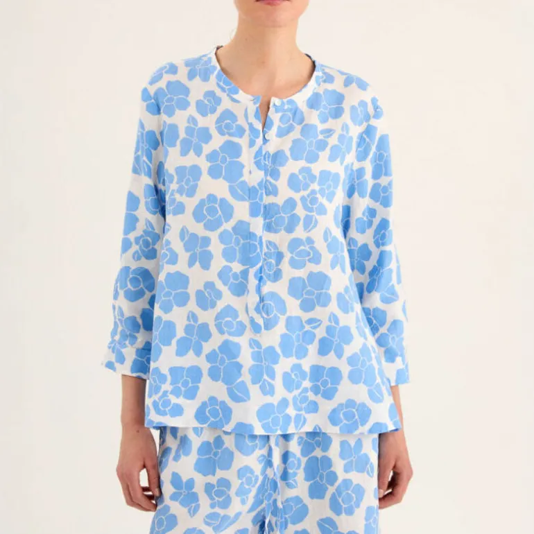 ROSSO35 Linen Floral Shirt in White/Light Blue Flower Print