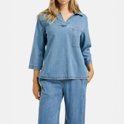 SMITH & SOUL Lyocell Polo Collar Blouse in Denim