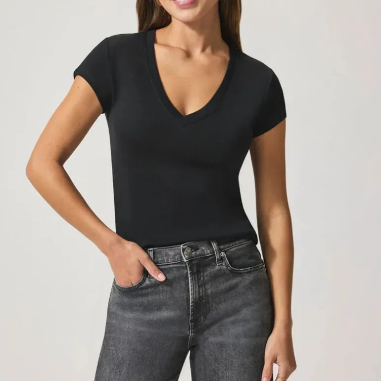 SPLENDID Faye 1x1 V-Neck Tee in Black