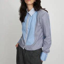 STELLA NOVA Combine Stripe Cropped Shirt in Blue Stripes