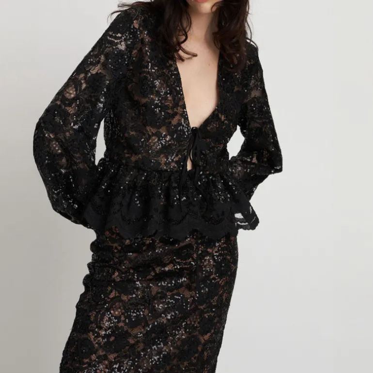 STELLA NOVA Lace Sequins Blouse in Black