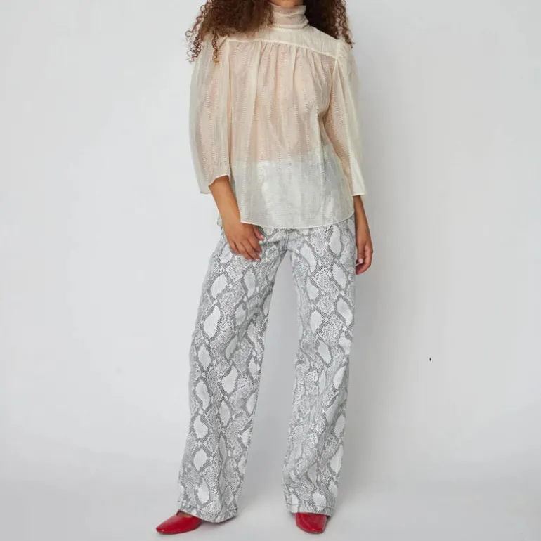 STELLA NOVA Pointelle High-Neck Bow Blouse in Vanilla